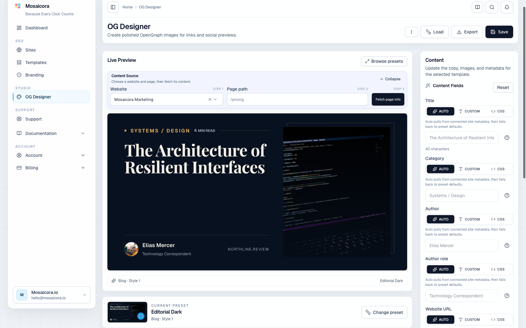 OG Designer workspace with the preset library, live preview, and save controls highlighted.