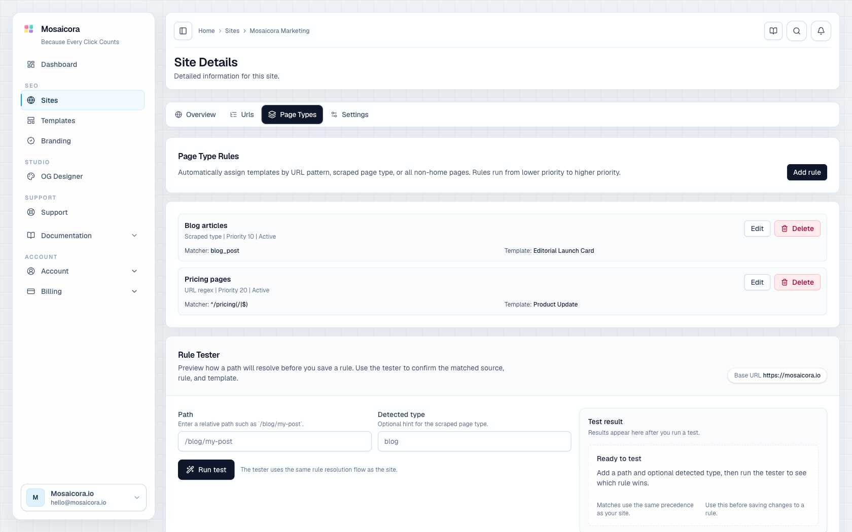 Sites page with the Page Types tab selected and assignment controls visible.