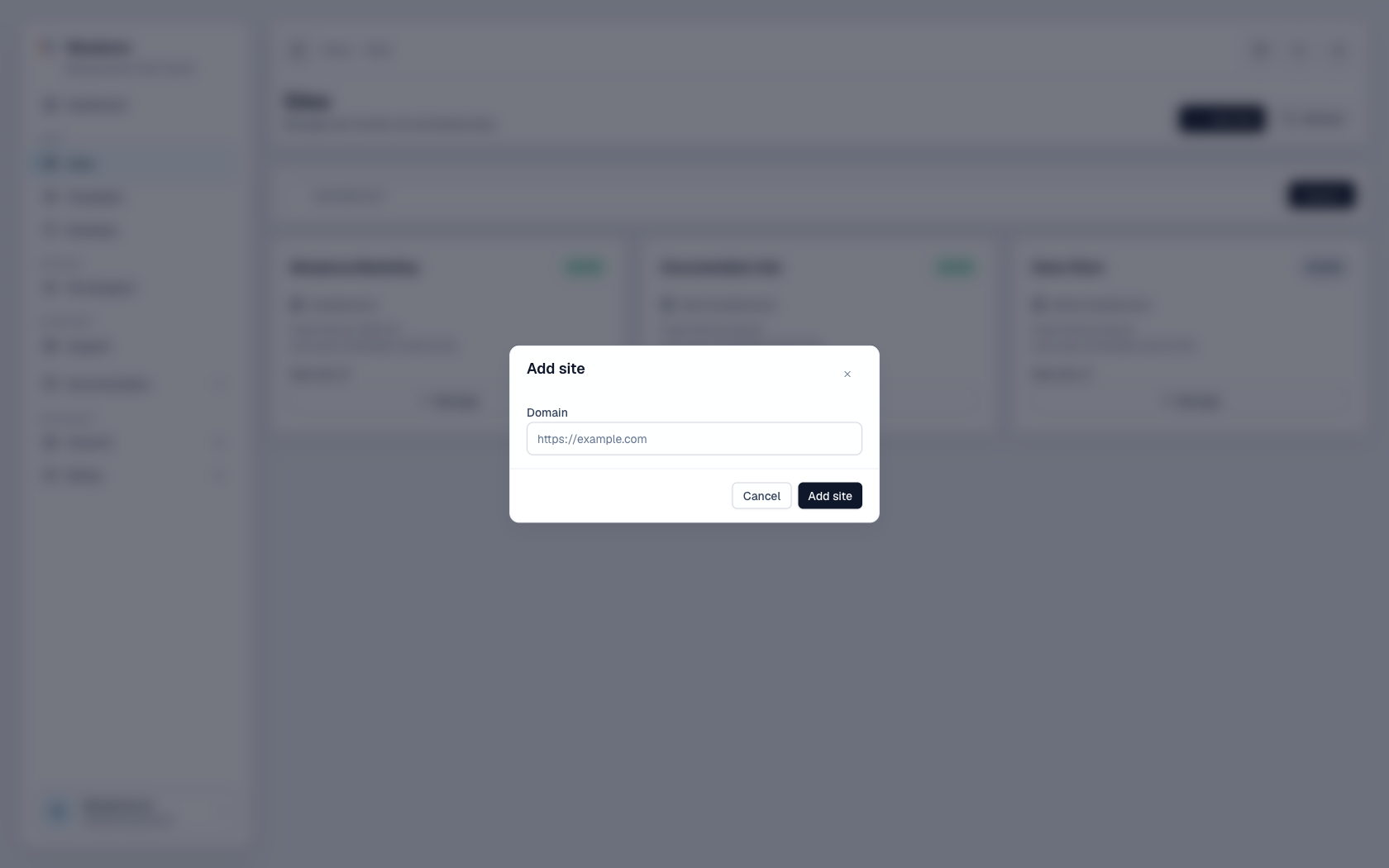 Add Site form with the URL field, domain confirmation, and save action highlighted.